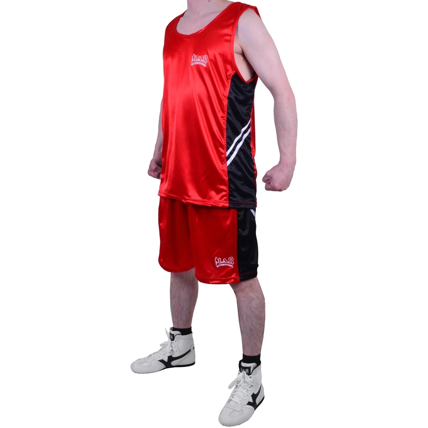 MAR-100B | Red & Black Boxing Shorts & Vest w/ White Lines - Shorts