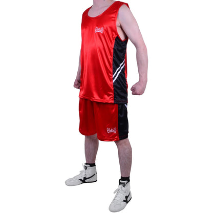 MAR-100B | Red & Black Boxing Shorts & Vest w/ White Lines - Shorts