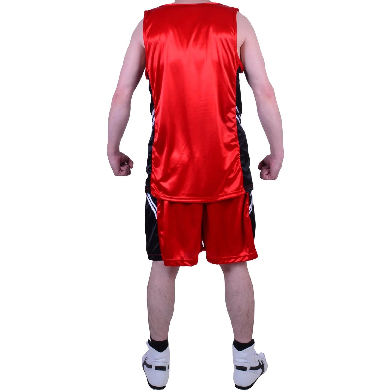 MAR-100B | Red & Black Boxing Shorts & Vest w/ White Lines - Shorts