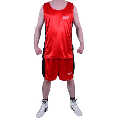 MAR-100B | Red & Black Boxing Shorts & Vest w/ White Lines - Shorts