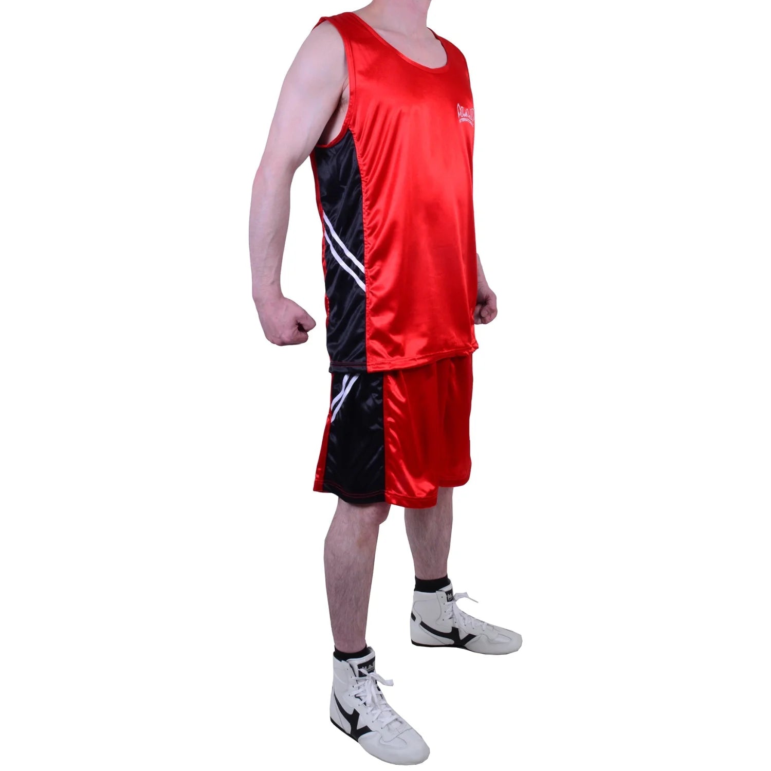 MAR-100B | Red & Black Boxing Shorts & Vest w/ White Lines - Shorts