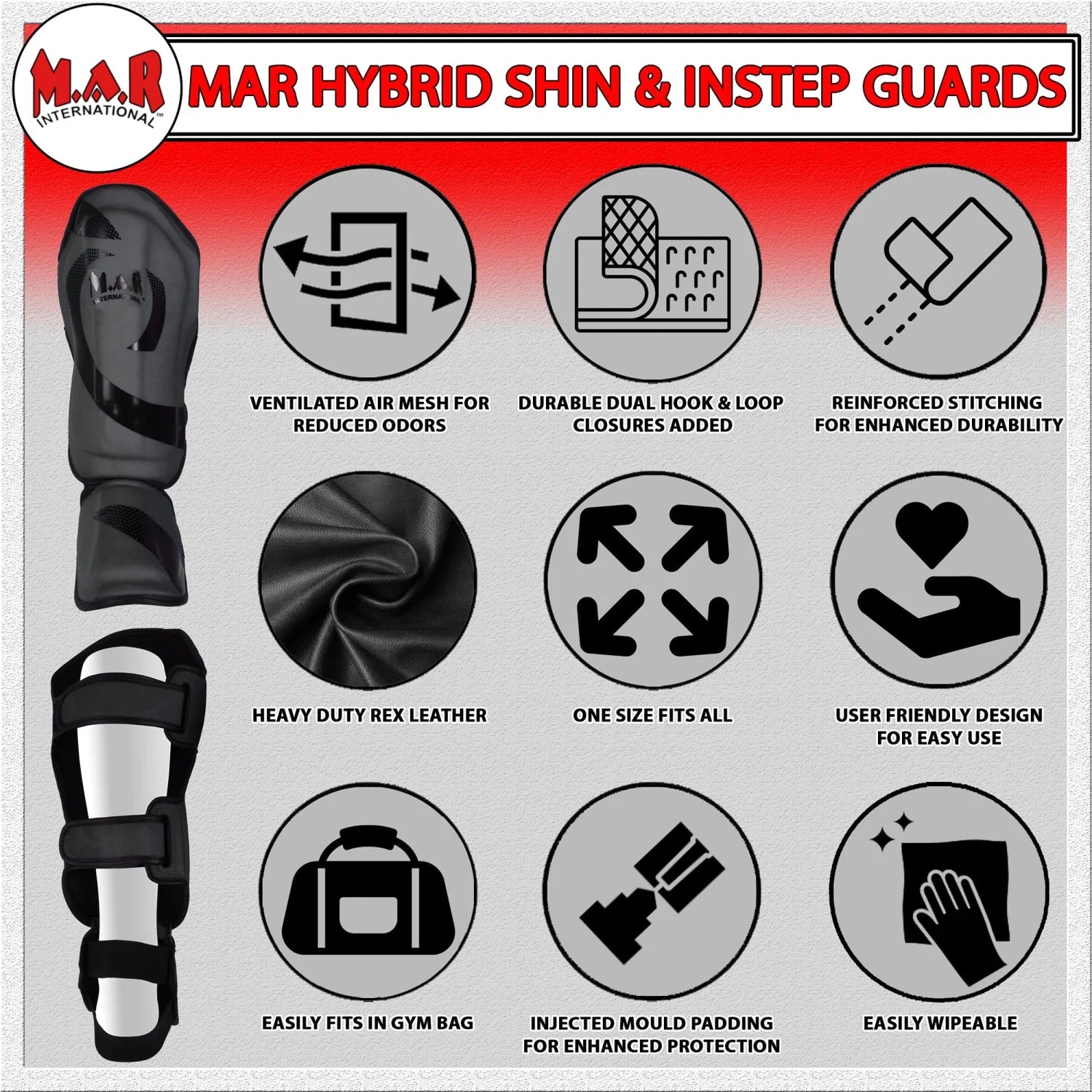 MAR-148D | Black Kickboxing & Thai Boxing Shin & Instep Guards - Pads
