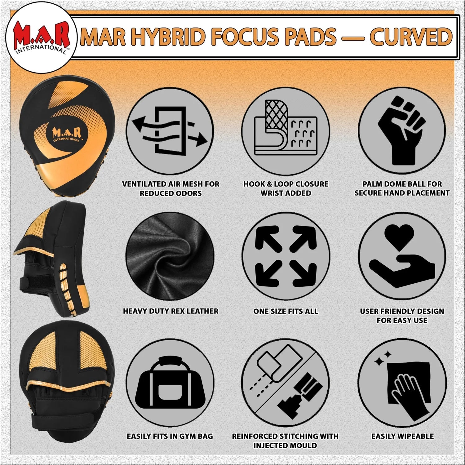 MAR-195G | Black & Gold Hybrid Curved Focus Mitts - Focus Mitts