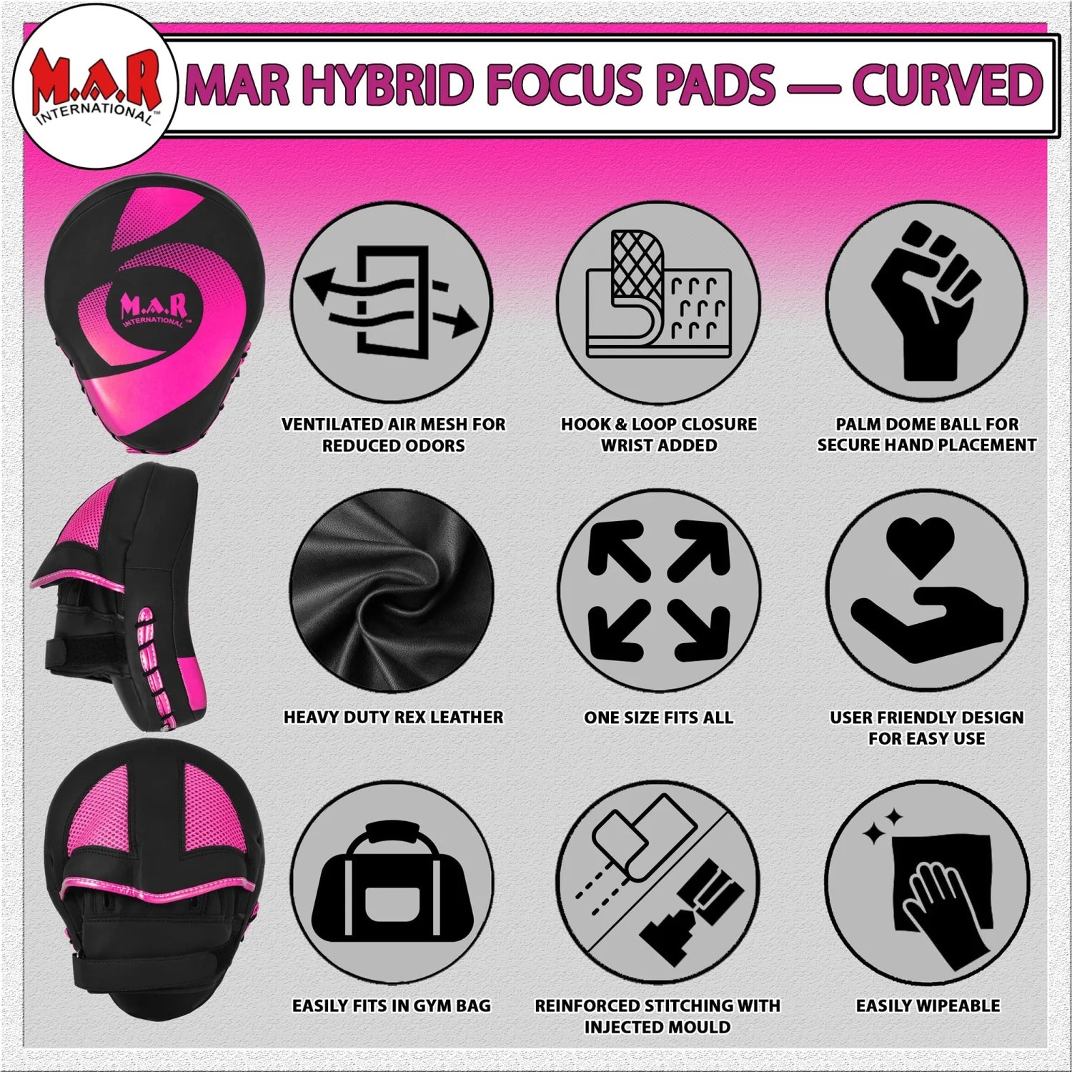 MAR-195I | Black & Pink Hybrid Curved Focus Mitts - Focus Mitts