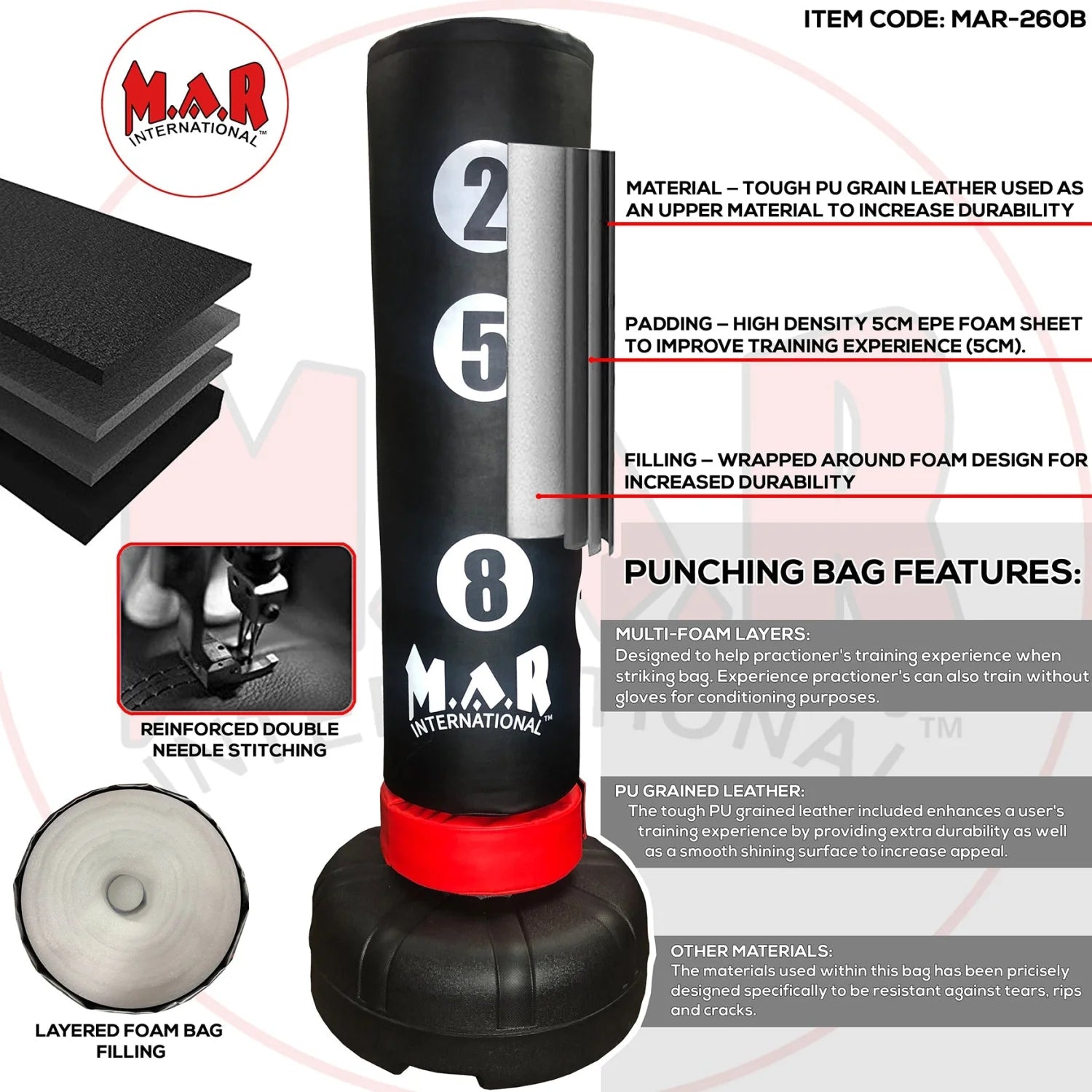 MAR-260B | Freestanding Heavy Duty X-Large 180cm Tall Punching Bag with Scoring Zones - Freestanding Bag (2BL)