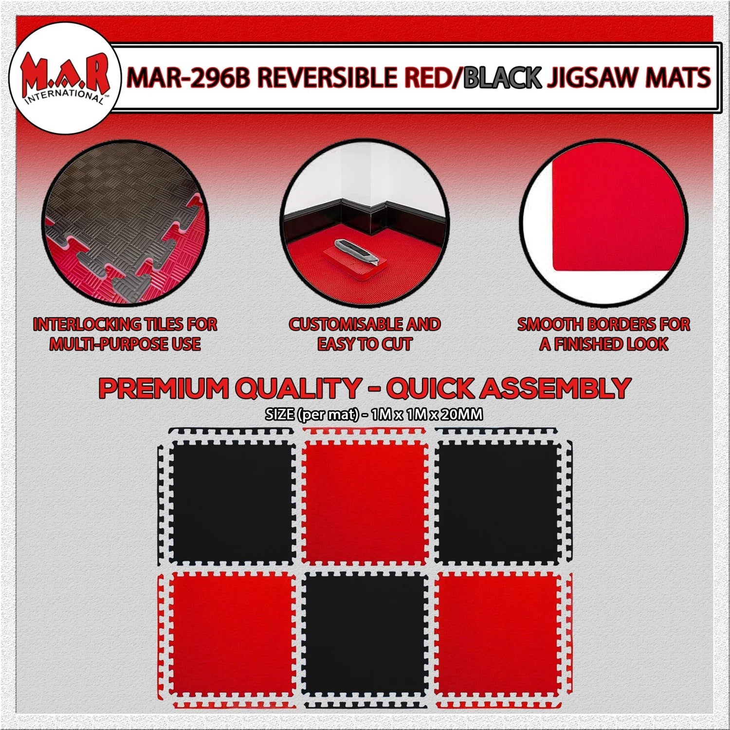 MAR-296B | Red/Black Jigsaw Floor Mats (20mm [1m x 1m] Square) - Mats