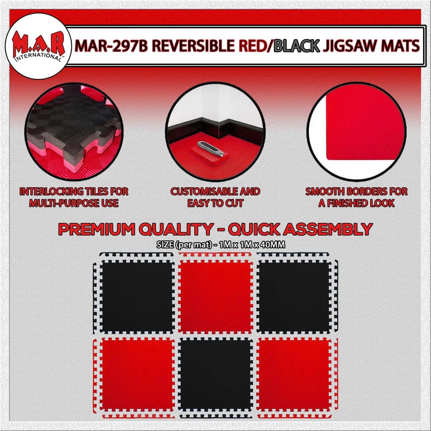 MAR-297B | Red/Black Jigsaw Floor Mats (40mm [1m x 1m] Square) - Mats