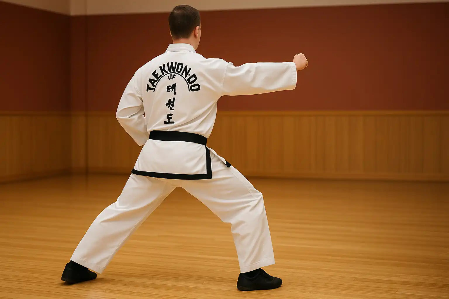 Taekwondo uniform with black belt.