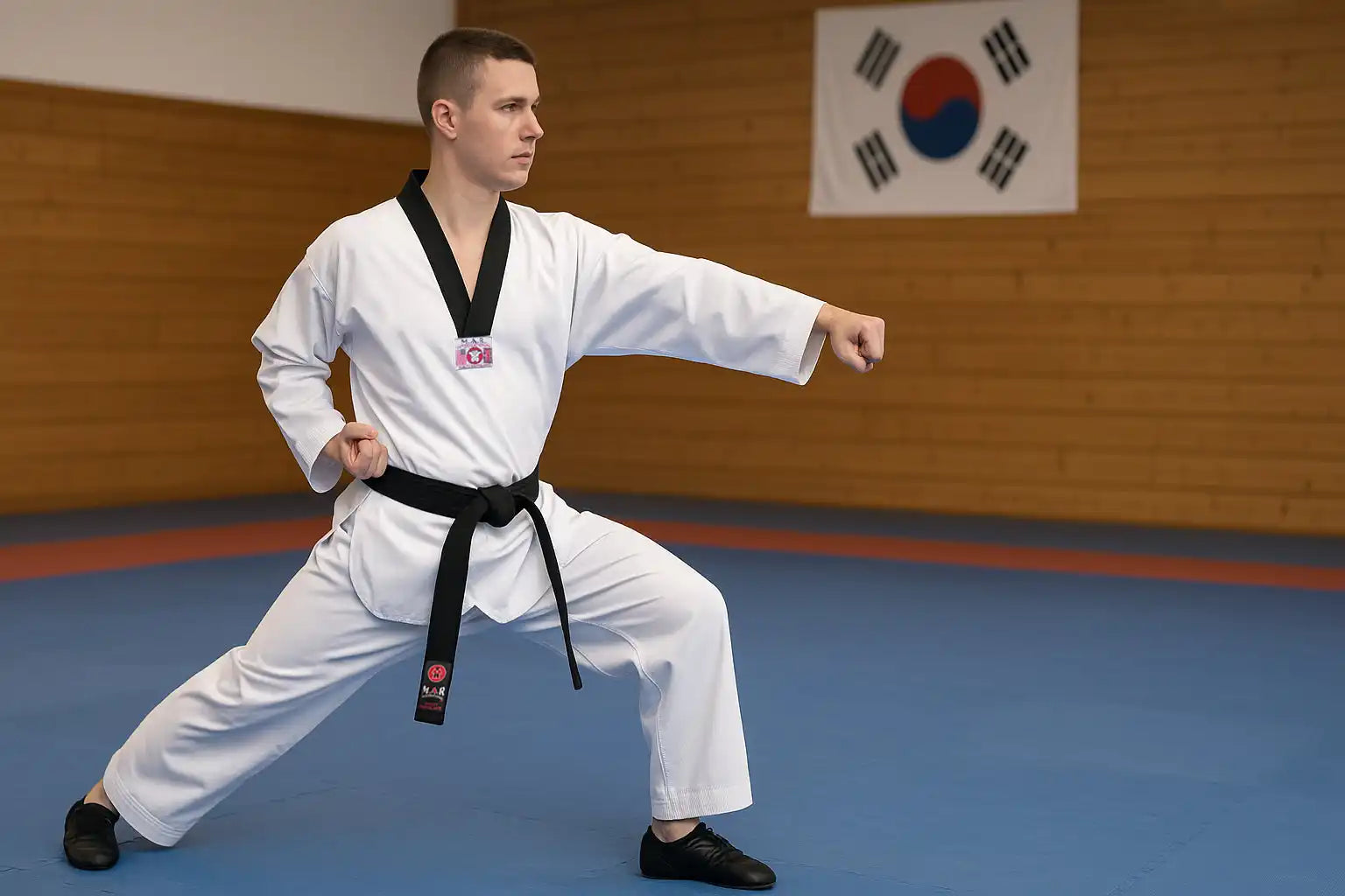 Taekwondo uniform with black belt.